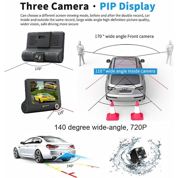 Dash Cam, Dash Cam for og bag, 4 tommer Dash Camera til biler, 1080P, 170° vidvinkel, nattesyn WDR G-sensor parkeringsovervågning Lo