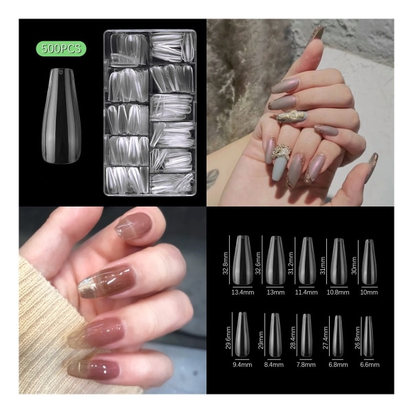 Falska naglar Kista falska naglar Cover längd 500 stycken konstgjorda naglar spets med case för nagelsalonger och DIY Nail Art, 10 storlekar