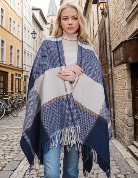 Dame Shawl Wraps Åben Front Rejse Poncho Kappe Varmt Oversized Plaid Trøjer Casual Cardigan Shawls til Efterår Vinter, Blå