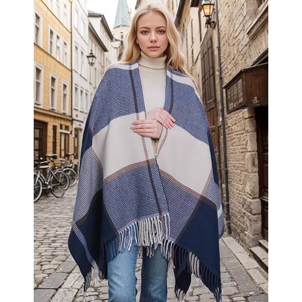Damekappe med åpen front, reiseponcho, varm overdimensjonert pleddgenser, avslappet cardigan, sjal for høst og vinter, marineblå
