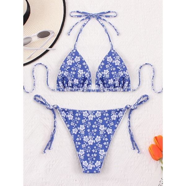 Bikinis Badkläder Set för Kvinnor Badkläder Triangel Baddräkt Tie String Trosa Blue Floral L