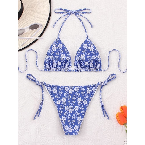 Bikinis Badkläder Set för Kvinnor Badkläder Triangel Baddräkt Tie String Trosa Blue Floral XL
