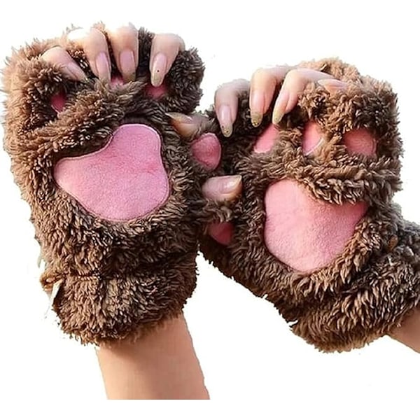 Sødt Kattekillens Pote Fingerløse Handsker Cozy Faux Fur Plush Halvfinger Handsker Touchscreen Varme Vanter til Piger Kvinder, 01