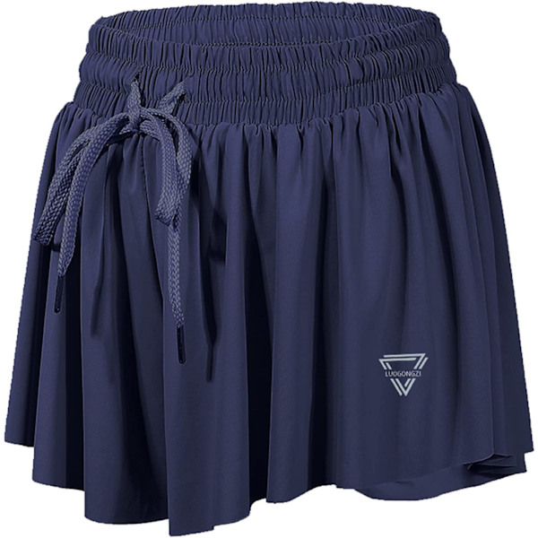 2 i 1 Flowy löparshorts för kvinnor Gym Yoga Athletic Womens Workout Biker Spandex Lounge Sweat Skirt Sommar (Marinblå)