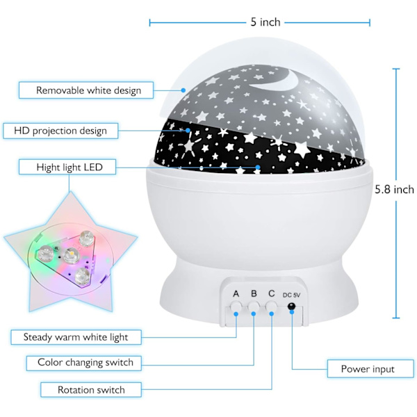 Natlampe til Børn, Børnenatlampe, Stjerne Natlampe, Nebula Stjerneprojektor 360 Graders Rotation - 4 LED Pærer 12 Lysfarve Ch White