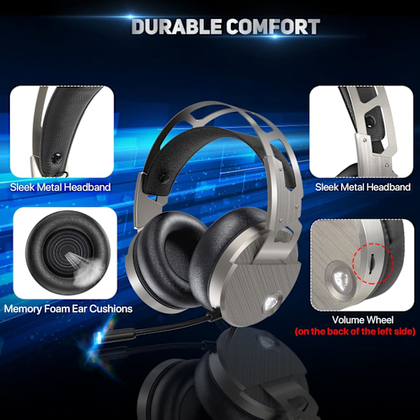 Gaming Headset - 3D Surround Sound Hovedtelefoner, Justerbar Støjreducerende Mikrofon, LED-lys, Xbox One Headset med Aluminiumramme til Ni