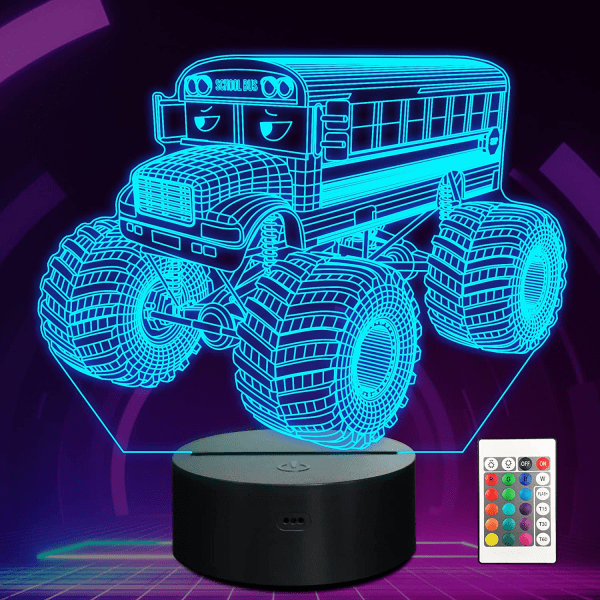 Qinwei Monster Trucks Nattlampa Busgo 3D Illusion Lamp  16 Färger Ändras med Fjärrkontroll Kreativa Födelsedagspresenter för Barn Pojkar Sovrumsdekor