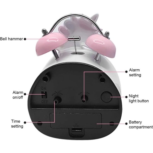 SAYTAY Enhörningsväckarklocka för flickor, Vintage Hög Dubbelklocka Cartoon Alarm med Knapp Nattljus, Batteridriven Icke-Tickande Tyst Växklcka för