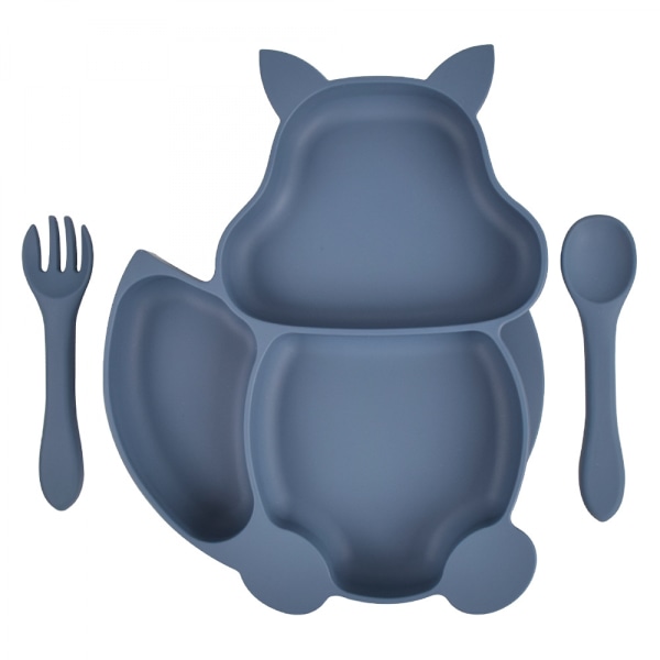 Baby Plate Bowl, Baby Fork Spoon Mini Silicone Dinner Tableware Baby Plate Suction Cup Non-Slip Baby Plate (Dinner Plate + Plastic Spoon) Gray Blue
