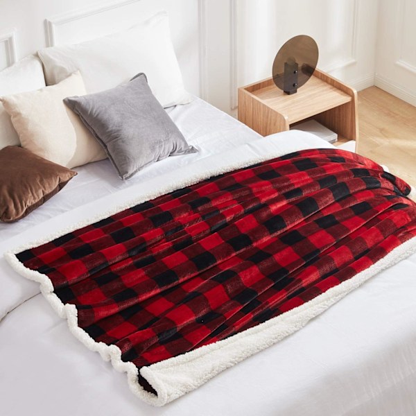 Sherpa Röd och Svart Buffelrutig Julfilt, Fuzzy Fluffy Mjuk Bekväm Filt, Fleece Flanell Plysch Mikrofiberfilt