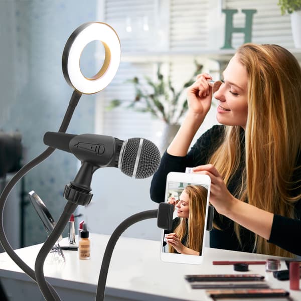 USB LED ringfylllys med telefonholder og mikrofonklips for direktesending