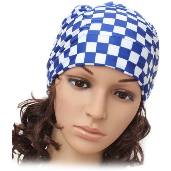 Färgglad plisserad cap i nylon Stor badmössa Cap i varma källor för vuxna män kvinnor Långt hår, ljusblå rand
