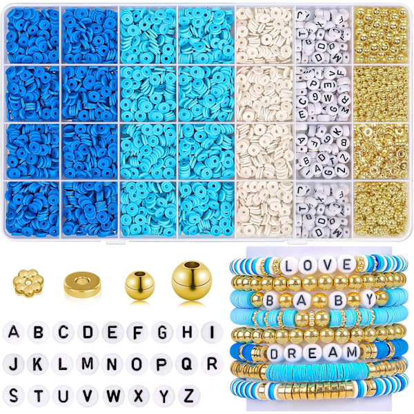 5000 kpl ystävyysrannekorusarja savihelmiä rannekorunvalmistussarja sininen valkoinen Heishi savihelmet rannekorulle kirjain kultahelmillä Blue Series Clay Beads Blue Series Clay Beads