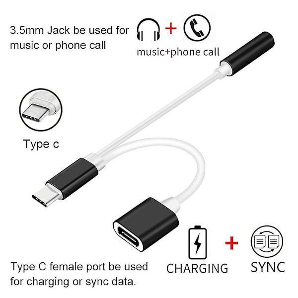 Svart USB Typ-C till 3,5 mm ljudkabel Typ-C telefonladdningsadapter