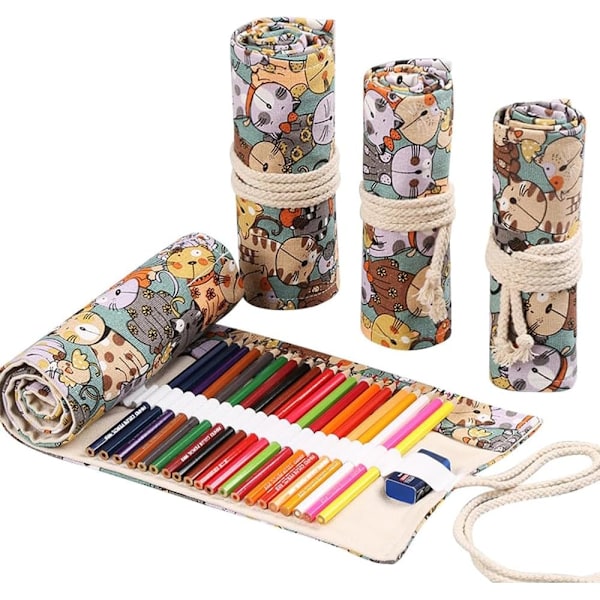 Slots Penalhus Rulle Penalhus, Kunstner Farveblyanter Rulle Taske Korte Børster Pose Etui Blyant Organiser til Tegning Farvelægning a Cuddly Cat 24 slots