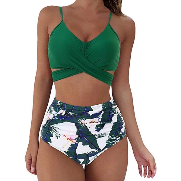 Damomslag Bikini Set Push Up Hög Midja Tvådelad Baddräkt Split Ormhud Tryck Baddräkt för Simning Vattensport (gröna blad) XXL