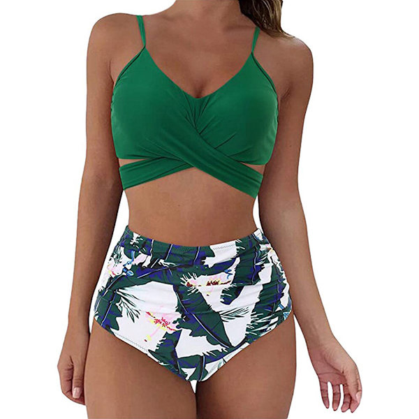 Naisten Wrap-Bikinisetti Push Up Korkeavyötäröinen Kaksiosainen Uimapuku Halkaistu Käärmeennahka Print Uimapuku Uimiseen Vesiurheiluun (vihreät lehdet) S