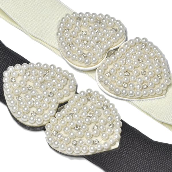 Hjerteformet design imiteret perle rhinestone dekor bælter til kvinder elastisk, bomuld, hvid