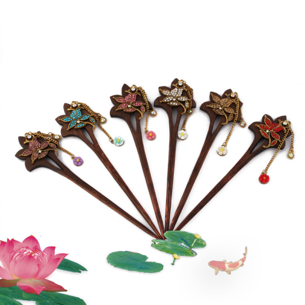 Metal Lotus Flower Wood Women Hairpin, Fashion Jewelry Accessory 6 Pcs