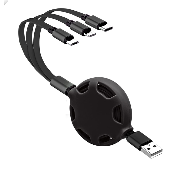 3 i 1 universal indragbar USB laddningskabel, 3,3 Ft/1M, 2A (IP+Type-C+Micro-USB) - Svart