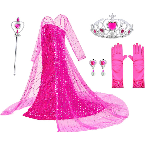 Luksuriøse Prinsessekjole Kostumer Med Skinnende Lang Kappe Piger Fødselsdagsfest 5-6 Years Pink