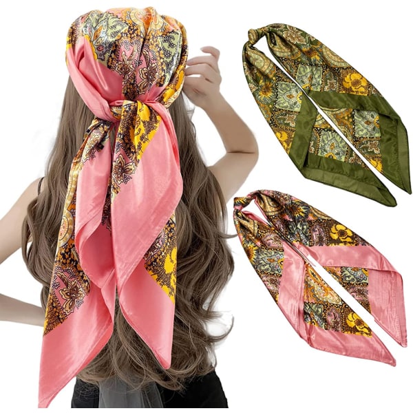 2-pack 35" Satin Silk Like Hair Scarf Bandana Light Head Wraps Hals Face Scarves Cover for Women, Paisley6 Pink+Armygreen