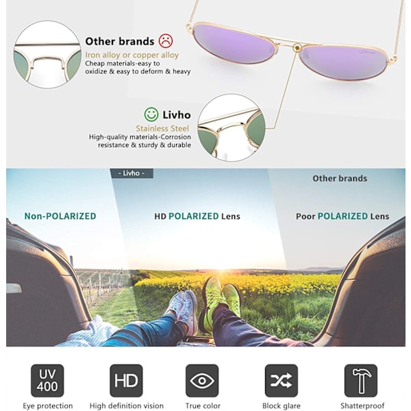 Klassiske polariserede Aviator solbriller UV spejlede linser Metal Retro nuancer
