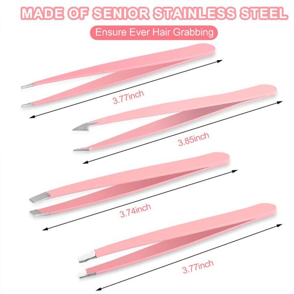 Set - Professionell pincett i rostfritt stål för ögonbryn - Fantastisk precision för ansiktshår, splinter och inåtväxande hårborttagning (rosa)
