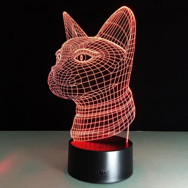 Katt hode 3D illusjon skrivebordslampe 7 farger endring berøring knapp LED nattlys