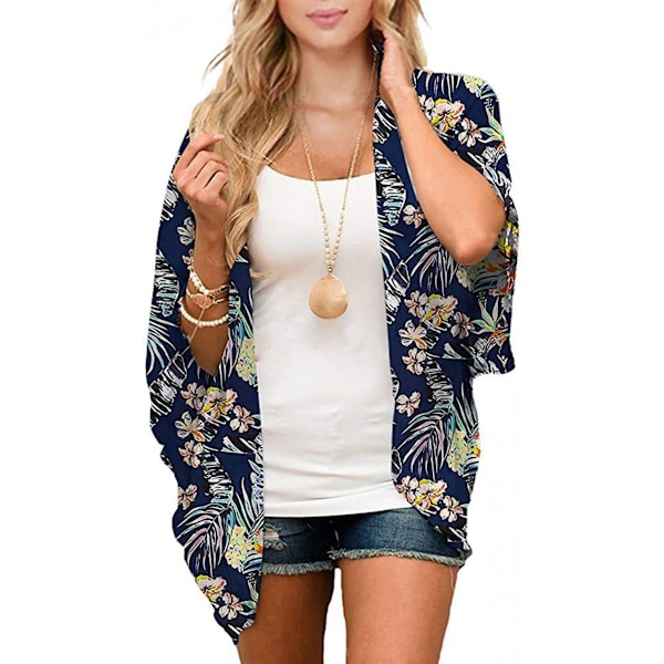 Dame Floral Print  ærme Kimono Cardigan Løs Cover Up Casual Bluse Toppe --- Navy Blue （Størrelse XL）