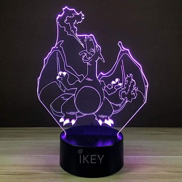 3D Illusion Charizard LED nattlys, 7 farger gradvis endring USB berøring bryter 3D visuelle lys for feriegaver eller hjemmedekorasjoner