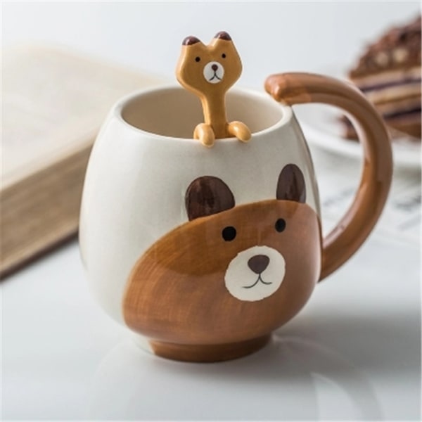Handmålad kaffekopp söt panda/groda/katt/gris keramikmugg tekopp inklusive tesked, björn