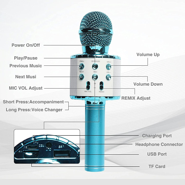 Karaokemikrofon för barn, trådlös Bluetooth mikrofon med LED-lampor, bärbar handhållen karaokemikrofon högtalare för flickor, pojkar, vuxna (blå)