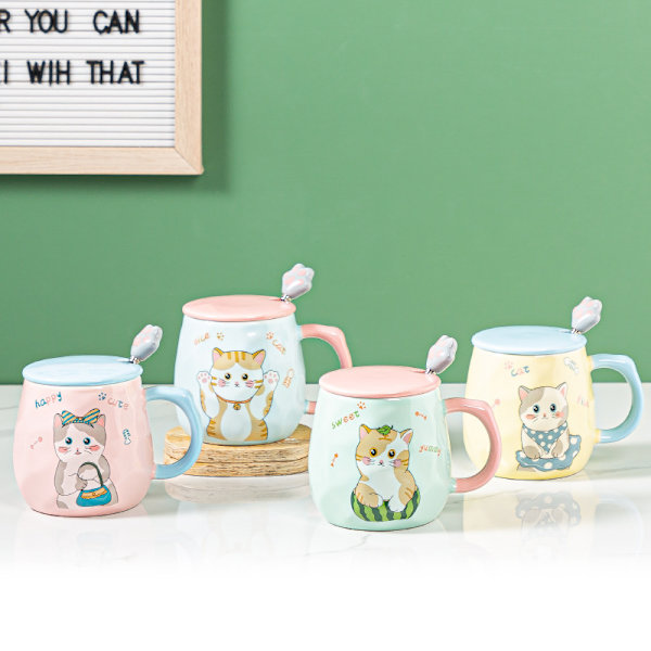 Söt kattmugg, högkvalitativ keramik, hög temperaturbeständig, 14oz med 3D-lock och sked, julklapp födelsedagspresent, katt rosa