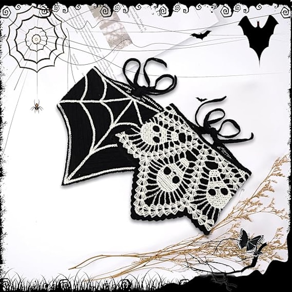 Hæklet Bandana til Kvinder Edderkoppespind Skalle Hæklet Hovedtørklæde Sort Hæklet Pandebånd Halloween