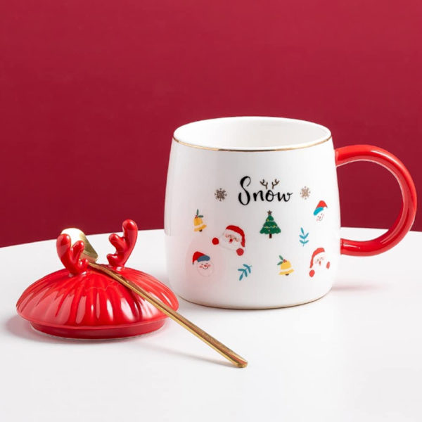 Söt mugg Jul Kaffeemugg, Högkvalitativt keramiskt material, Hög temperaturbeständig, 15oz med 3D-lock och sked, Julgåva, Snöflinga