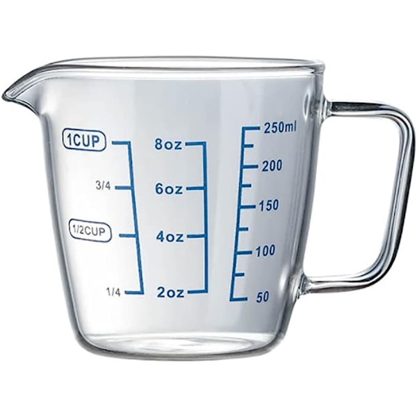 250 ml/8 oz värmebeständig glasmätkopp med skala för laboratorium, barnens mjölktillverkning, matlagning i köket, etc.