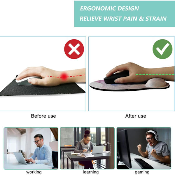Hiiren alusta rannetuella, ergonominen hiiren alusta muistivaahto rannetuella, liukumaton kumipinta pelikäyttöön