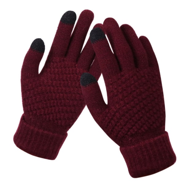 Vinterhandskar med pekskärm för kvinnor, varma fleecefodrade stickade handskar Elastiska manschett Vintertexthandskar，Vinröd