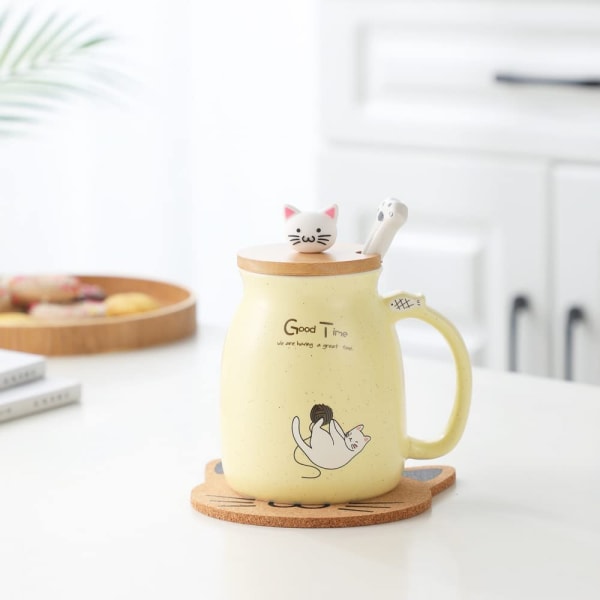 Søt keramisk kattekrus med søt katteformet lokk, kattepote-skje, kawaii-coaster, morsom morgenkopp te melke julekrus, gul