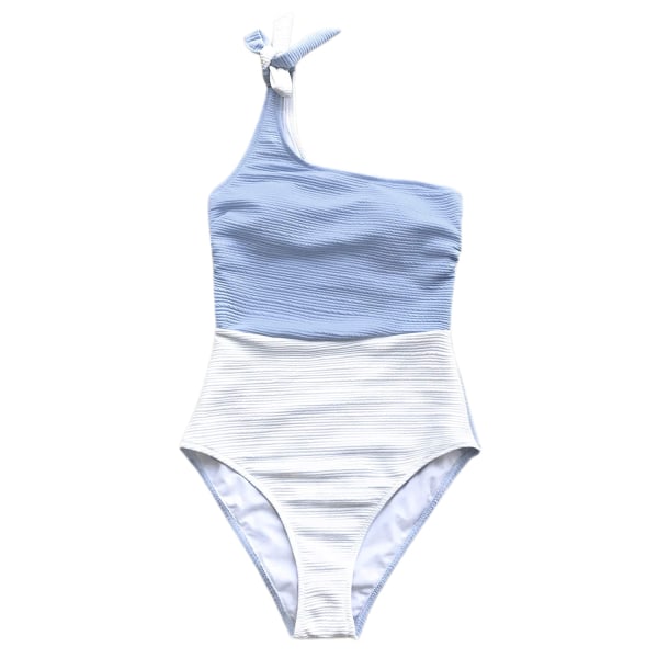 Dam One Piece Baddräkt Colorblock En Axelbåge Rosett Baddräkt för Tropiska Semestrar, Sommar (ljusblå) XXL