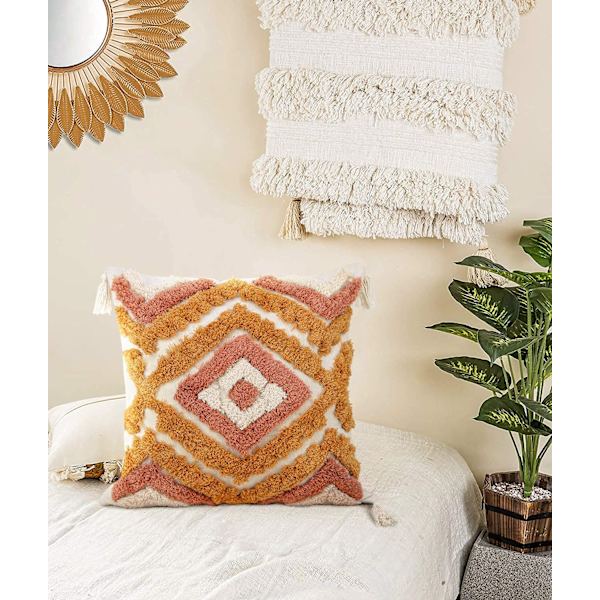 Boho Pynteputer 18x18 med Dusker, Dekorative Pynteputer Trekk Vevd Tuftet Bohemske Pynteputer Trekk for Sofa Soverom Stue (Oransje)