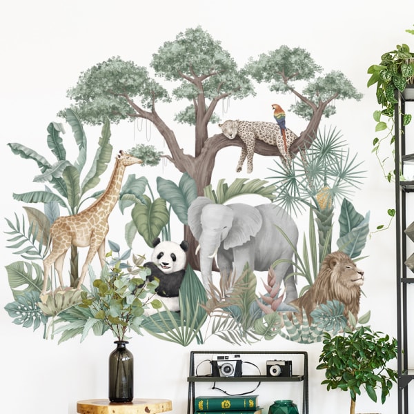 Tropiske grønne planter Jungle dyr vægklistermærker, aftagelige store træ vinyl tapet klistermærker, børneværelse børnehave dekorationer