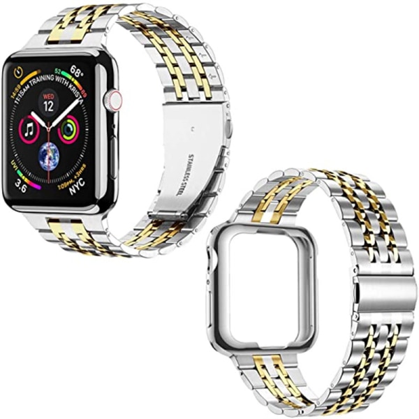 Kompatibel med Apple Watch -band 42 mm 44 mm 45 mm, solid metallrem i rostfritt stål för iWatch-serien, silver/guld