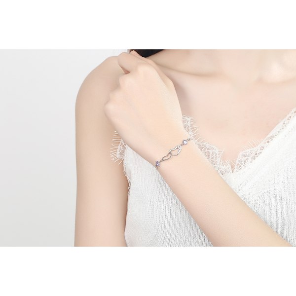 Armbånd til kvinder, sølv S925 armbånd, sølv uendelighedsarmbånd krystalskydearmbånd med zirkon, justerbart hjertearmbånd, gave til kvinder, lilla