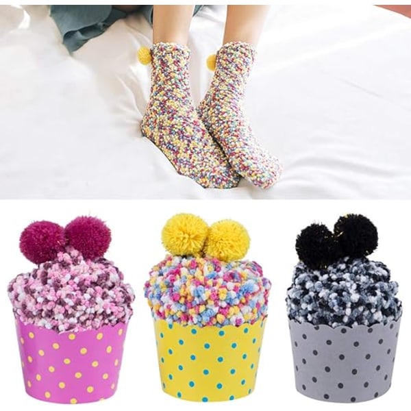 3 Par DIY Presentstrumpor för Kvinnor Flickor Fuzzy Fluffy Strumpor Vintertoffelstrumpor med Presentaskar Cupcake
