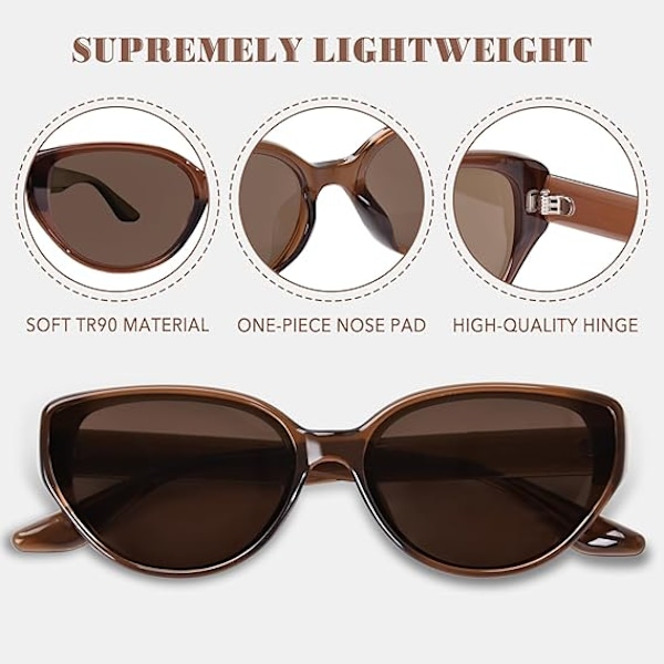 Polariserade Cat Eye Solglasögon för Kvinnor, Trendiga TR90 Solglasögon, Lätta Glasögon UV-Skydd, OP3033 Brown