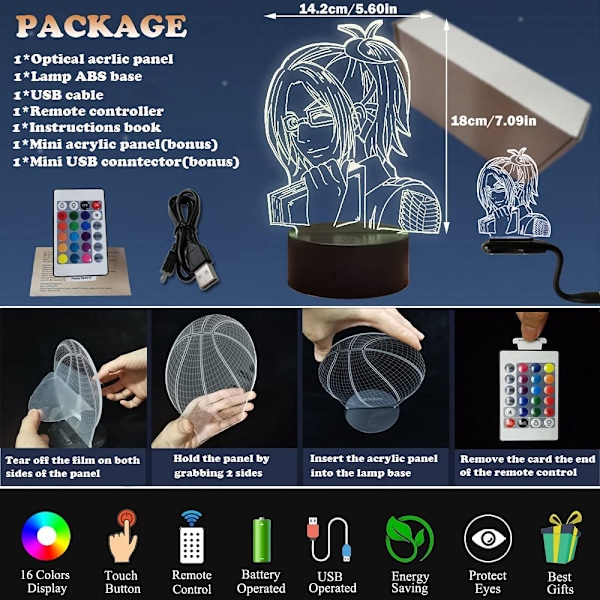 Cool Hange Zoe-lampa för serietidningsfans, Anime Levi Ackerman 3D LED nattlampa, 16 färger dimbar, kreativ design touch fjärrkontroll akryl