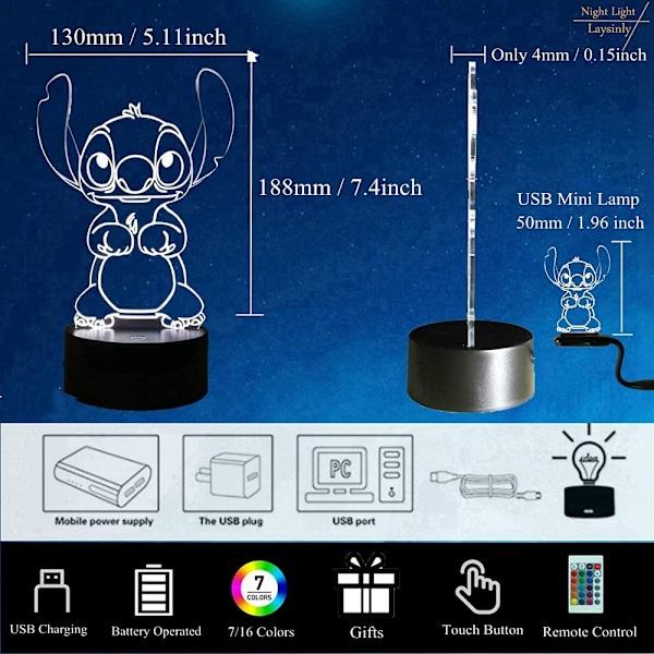 Stitch LED Natlampe, Stitch 7 Farver 3D Akryl Bordlampe, Børneværelse Sove Natlampe Dekoration Lys, USB Fjernbetjening Hom