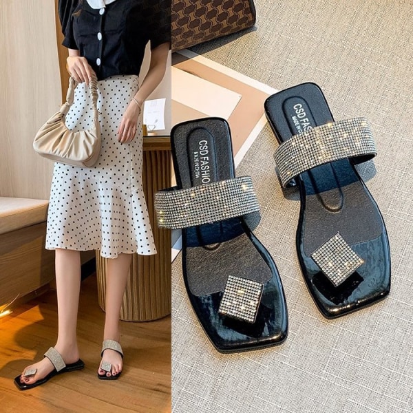 Platta sandaler med nål-tå, ytterkläder för kvinnor med fyrkantigt sommarhuvud Strass Fairy Style ----- Svart （Storlek 41）